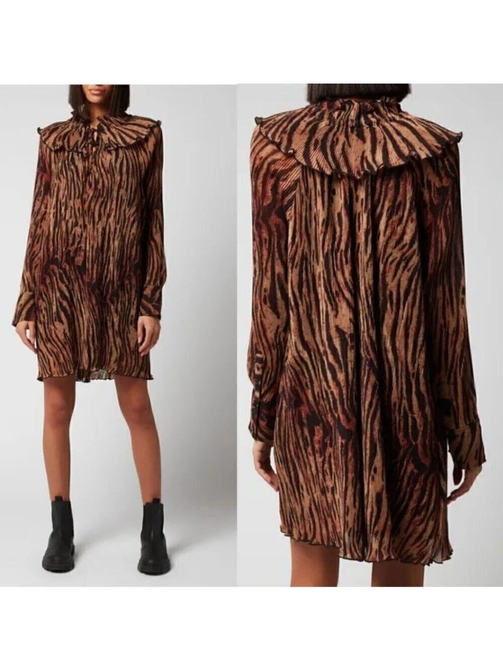Nwt Ganni | Women's Pleated Georgette Dress In Tigers Eye